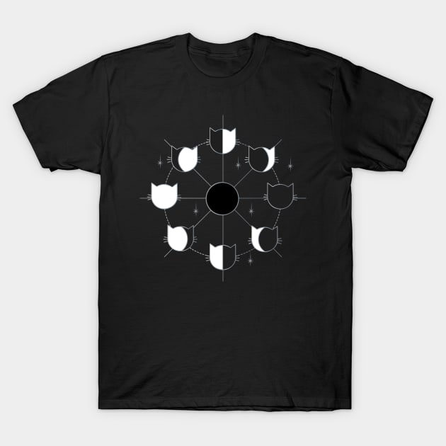 Black Cat Phases of the Moon in Black and White T-Shirt by YourGoods